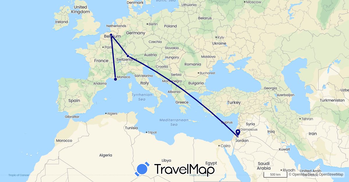 TravelMap itinerary: driving in Belgium, Switzerland, France, Jordan (Asia, Europe)